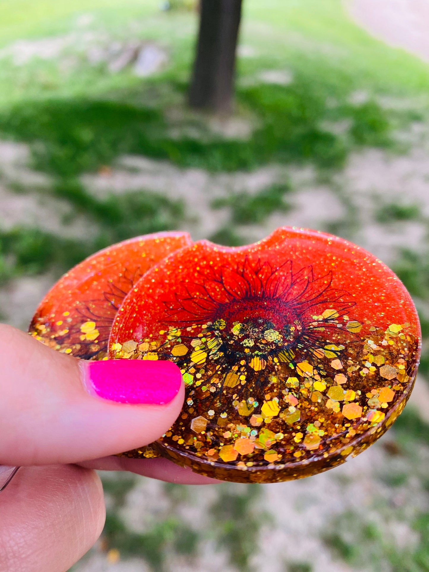 Car coasters set of 2 • car accessories • glitter lover • sunflowers • handmade • custom made to order