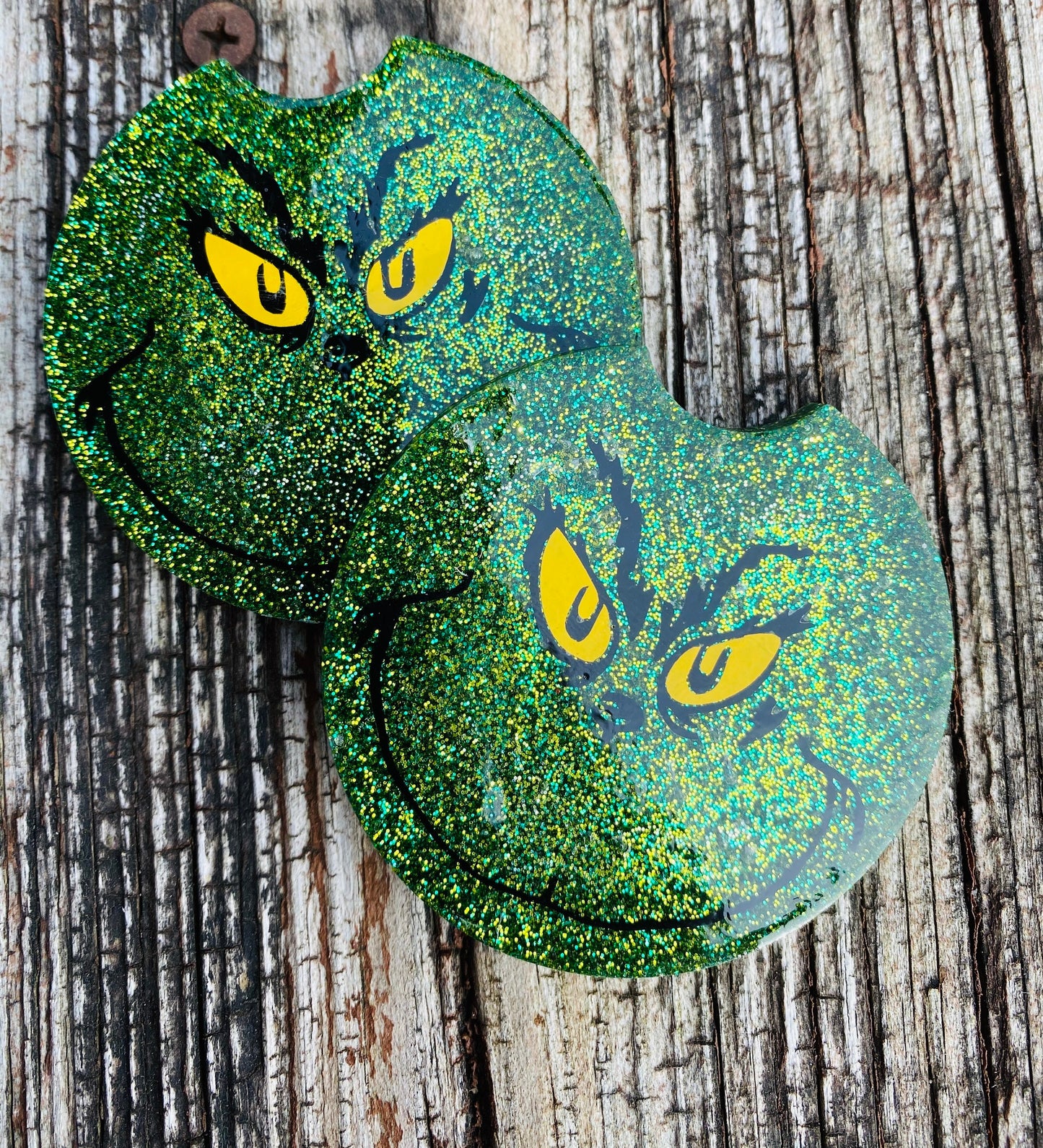 Car coasters, set of 2, grinch car coasters, Christmas car coasters, car accessories,glitter car coasters, holiday car coasters, mean one