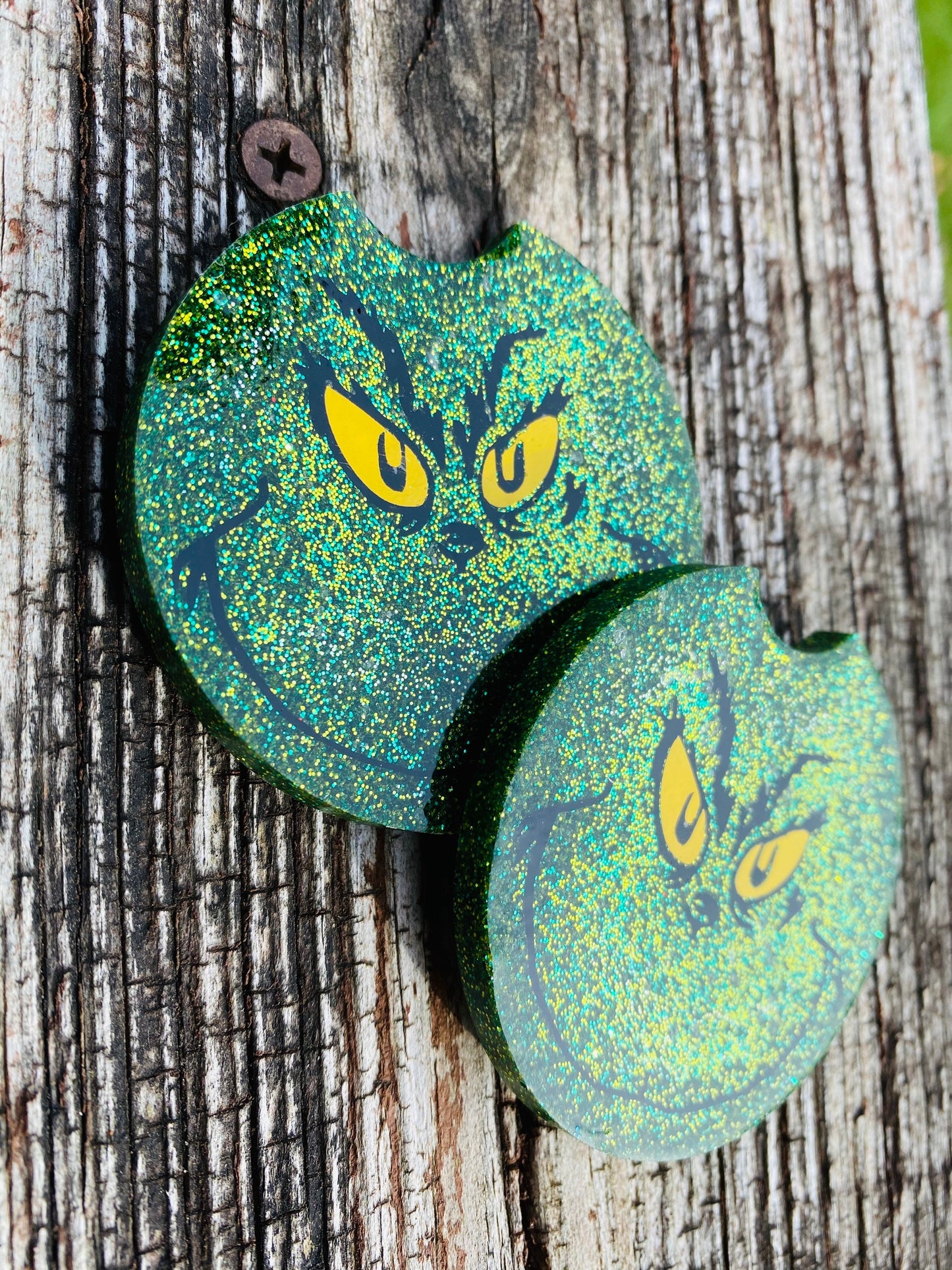 Car coasters, set of 2, grinch car coasters, Christmas car coasters, car accessories,glitter car coasters, holiday car coasters, mean one