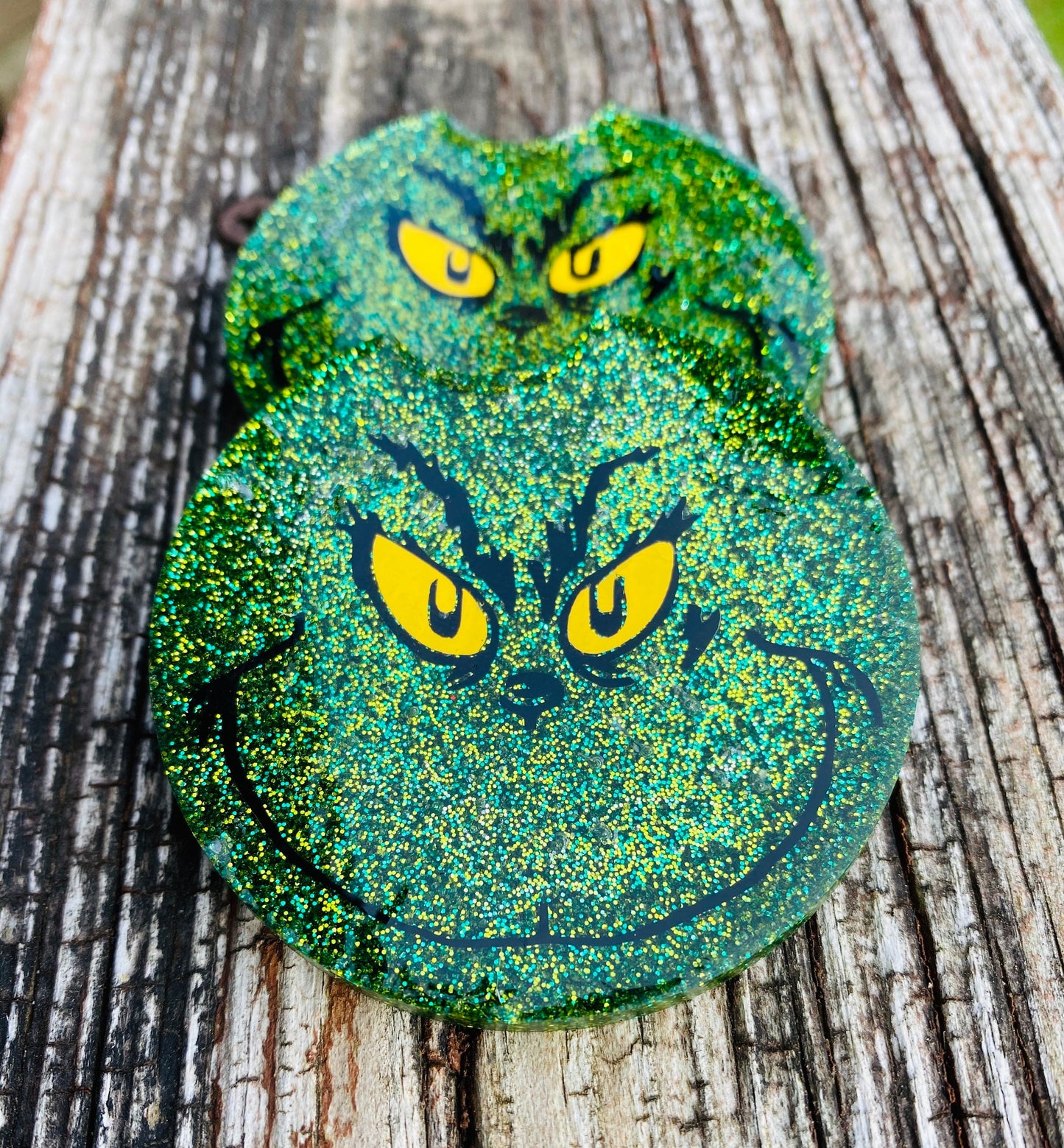 Car coasters, set of 2, grinch car coasters, Christmas car coasters, car accessories,glitter car coasters, holiday car coasters, mean one