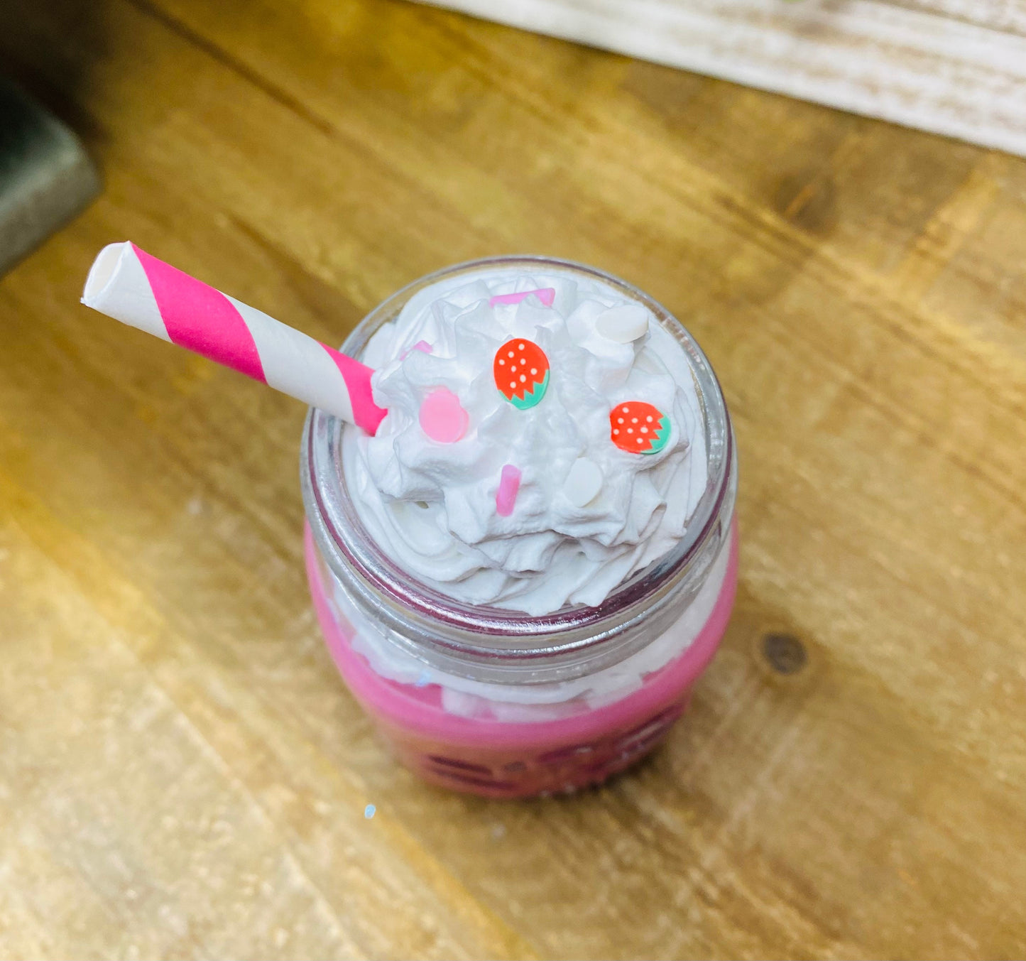 Faux strawberry milkshake, mini mason jar, tiered tray decor, Rae Dunn decor, farmhouse decor, faux drinks, gift for mother’s