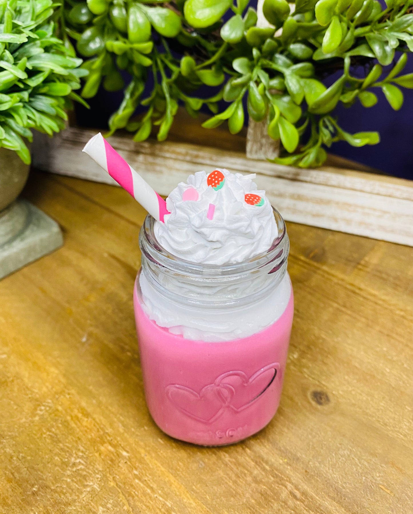 Faux strawberry milkshake, mini mason jar, tiered tray decor, Rae Dunn decor, farmhouse decor, faux drinks, gift for mother’s