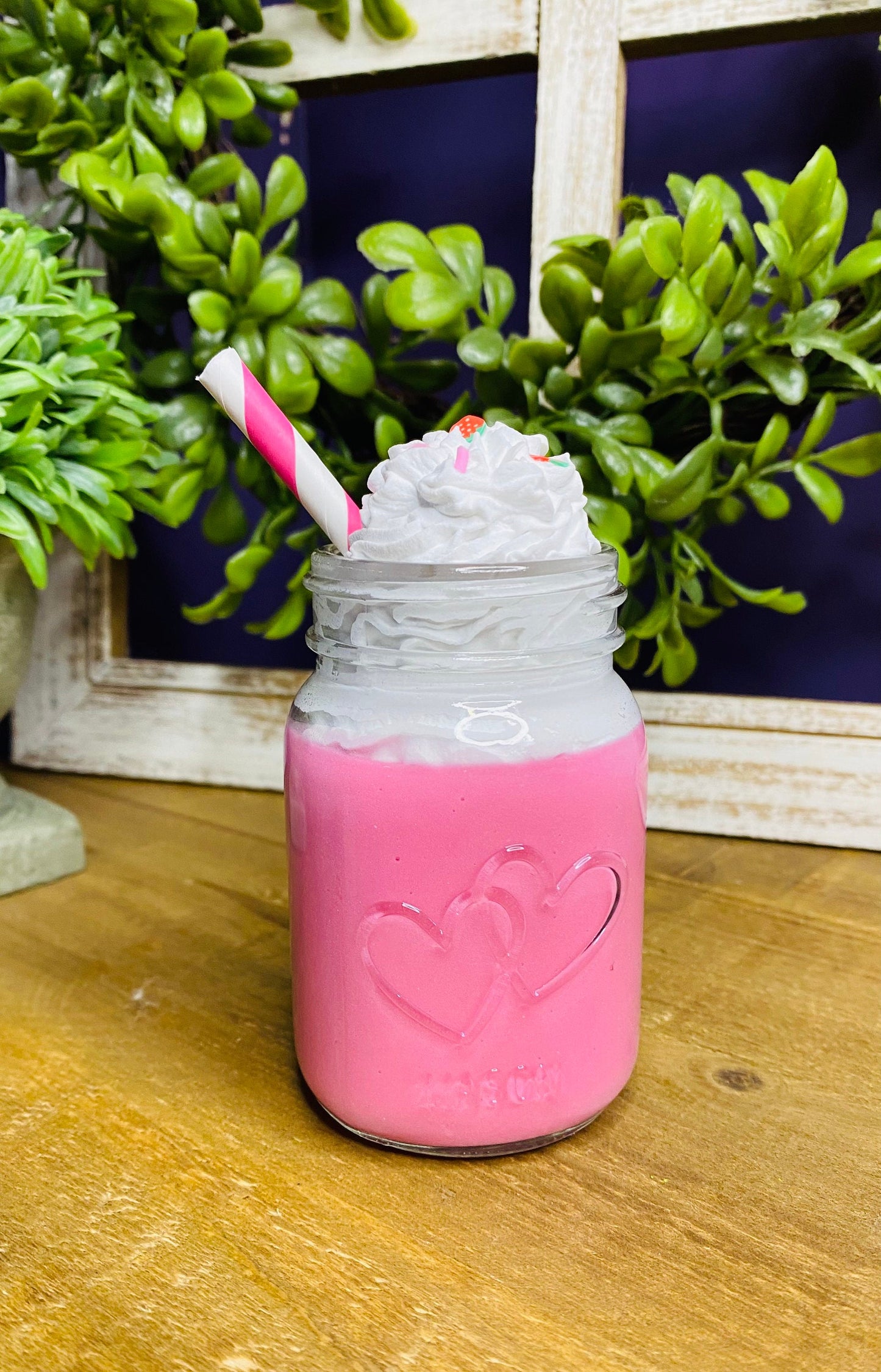 Faux strawberry milkshake, mini mason jar, tiered tray decor, Rae Dunn decor, farmhouse decor, faux drinks, gift for mother’s