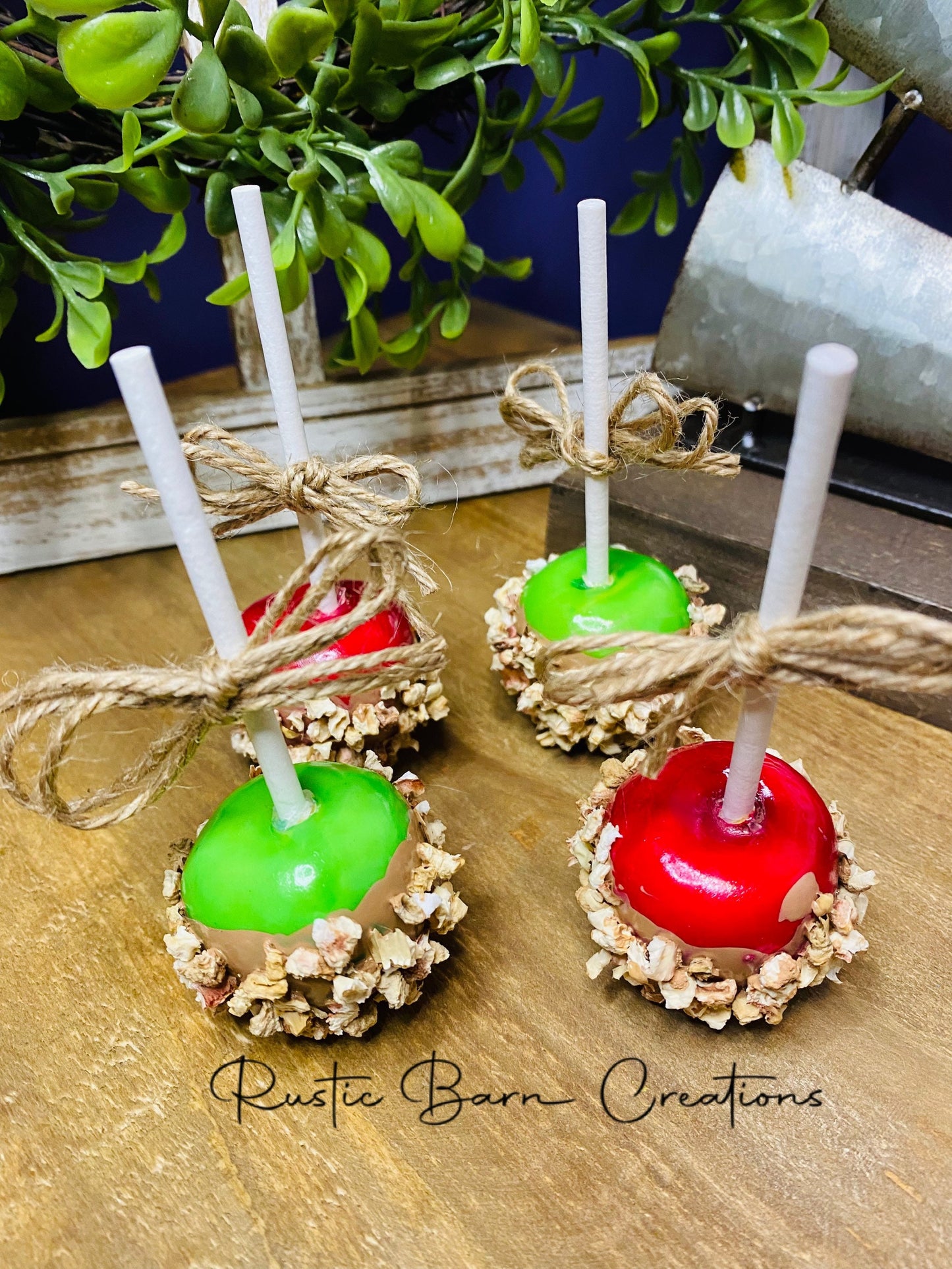 Faux caramel apple, faux tiered tray decor, faux peanut caramel apple, tiered tray decor, home decor