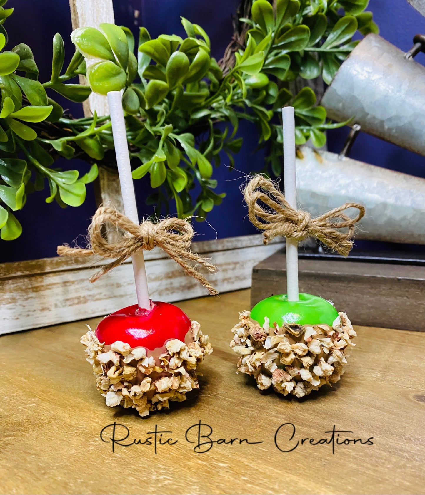 Faux caramel apple, faux tiered tray decor, faux peanut caramel apple, tiered tray decor, home decor