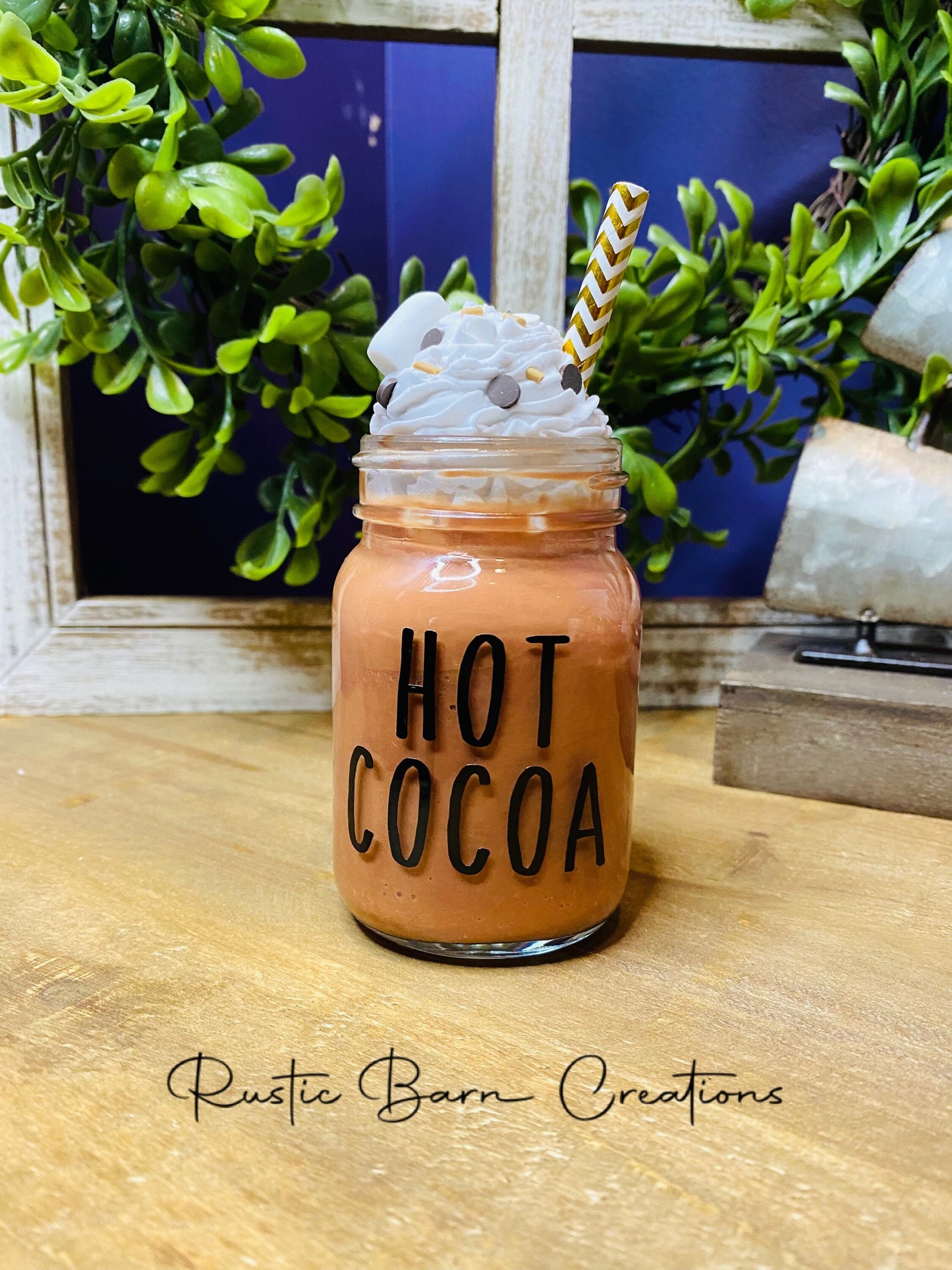 Faux hot cocoa, mini mason jar, tiered tray decor, Rae Dunn decor, farmhouse decor, faux drinks, gift for mother’s, faux hot chocolate