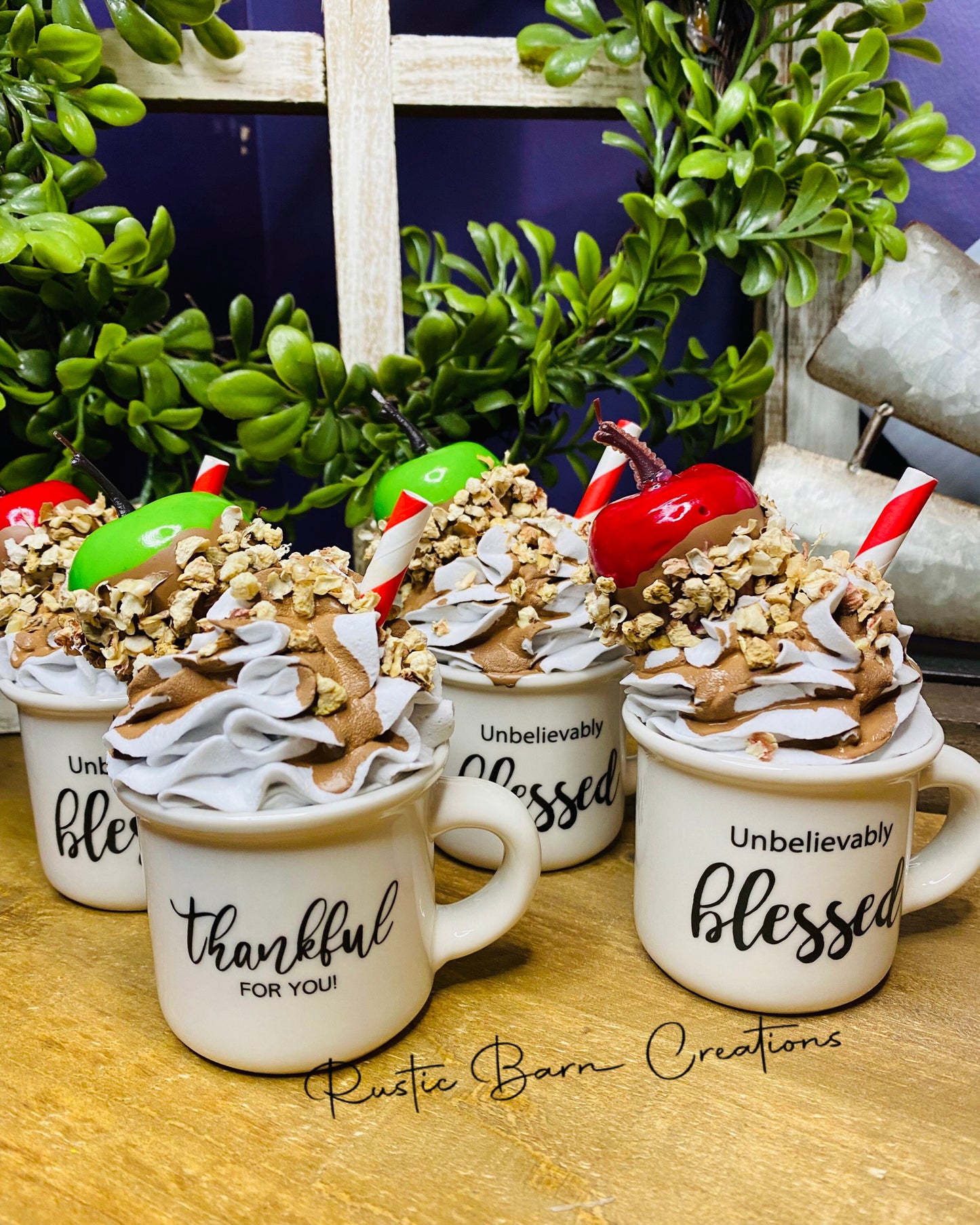 Faux caramel apple, faux tiered tray decor, faux peanut caramel apple, tiered tray decor, home decor, mini faux drink, mini caramel drink