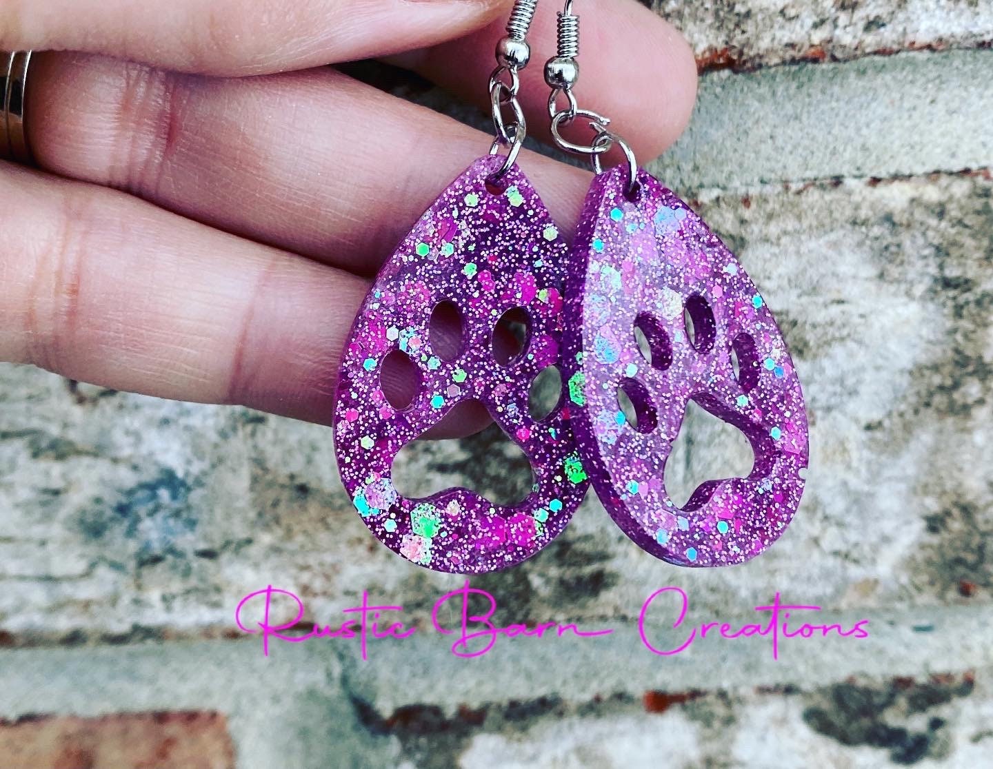 Glitter earrings, Dog paw earrings, Lightweight drop earrings, Drop earrings, colorful earrings, Valentine earrings, holiday earrings, gift