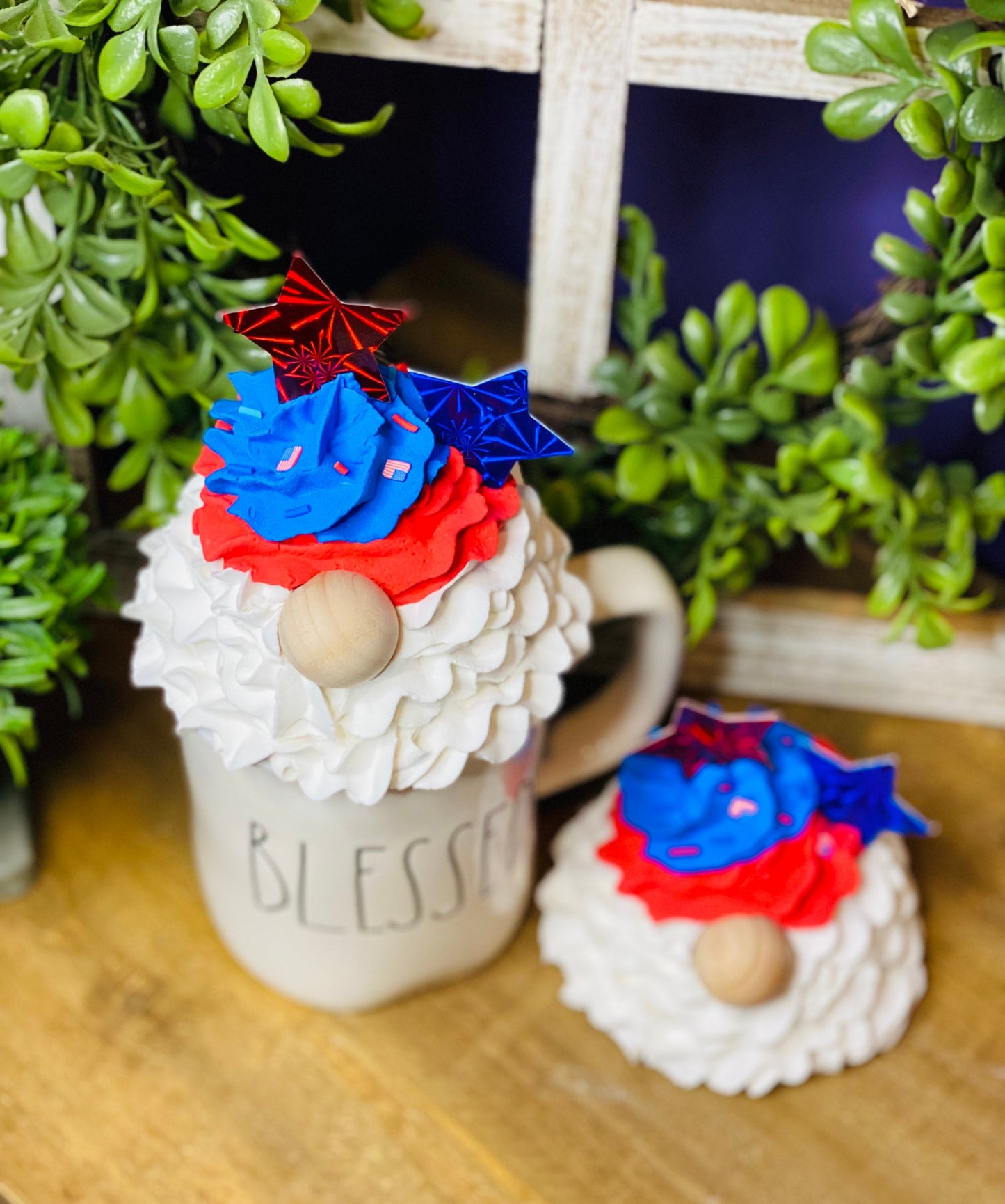 Faux red white and blue gnome, faux drink, mug topper, gnome mug topper, Rae Dunn decor, farmhouse decor, tiered tray decor, gift for mom