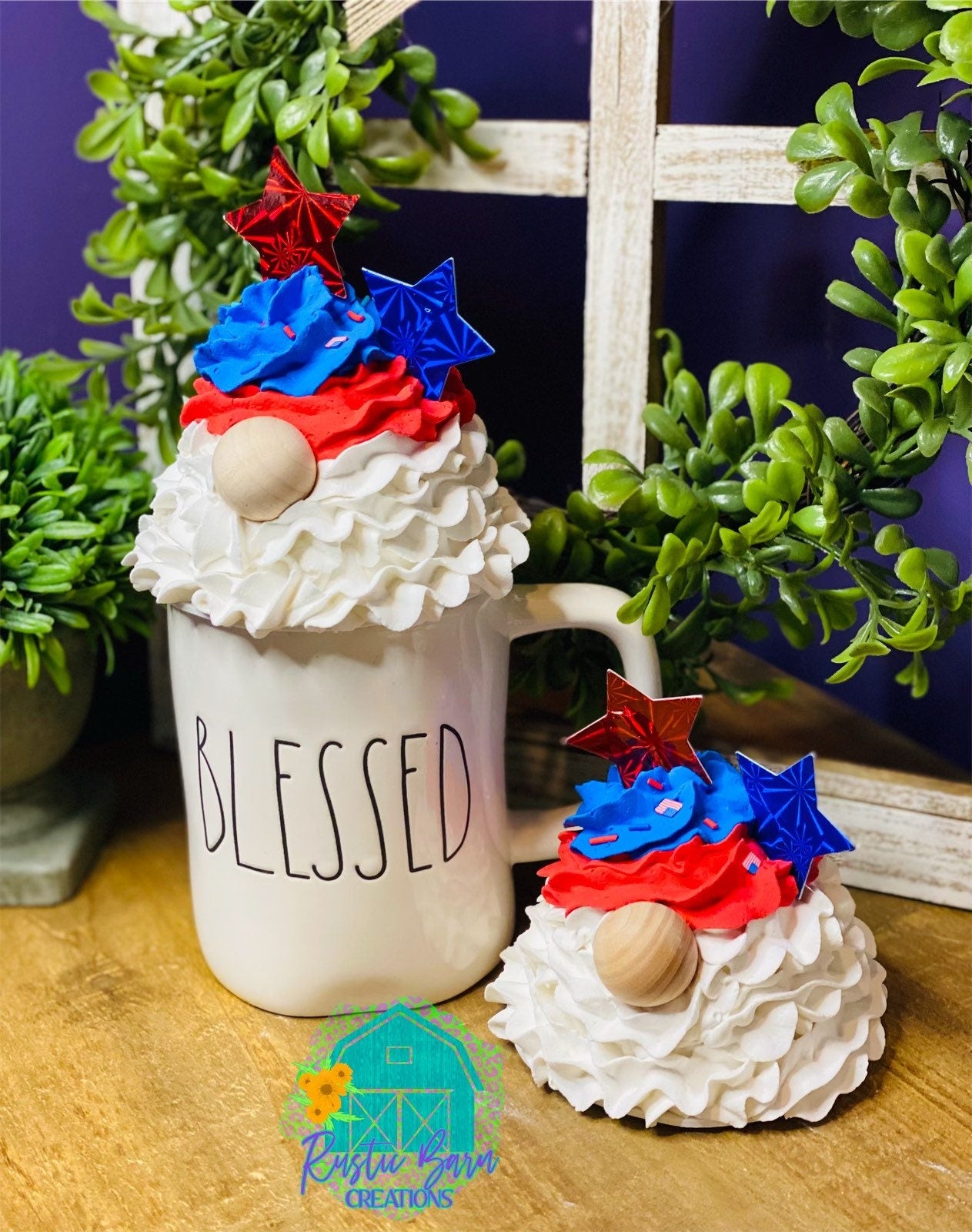 Faux red white and blue gnome, faux drink, mug topper, gnome mug topper, Rae Dunn decor, farmhouse decor, tiered tray decor, gift for mom