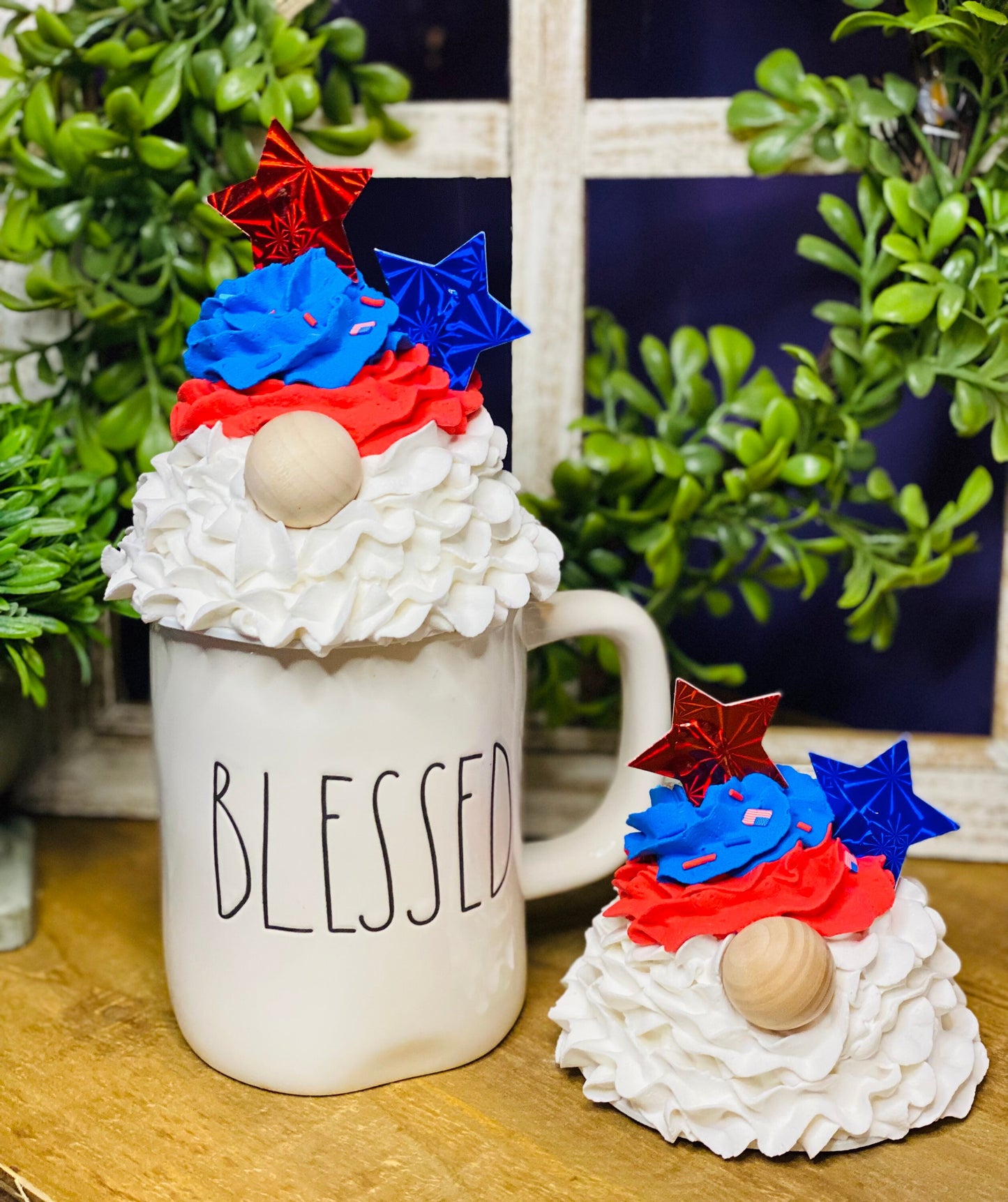 Faux red white and blue gnome, faux drink, mug topper, gnome mug topper, Rae Dunn decor, farmhouse decor, tiered tray decor, gift for mom