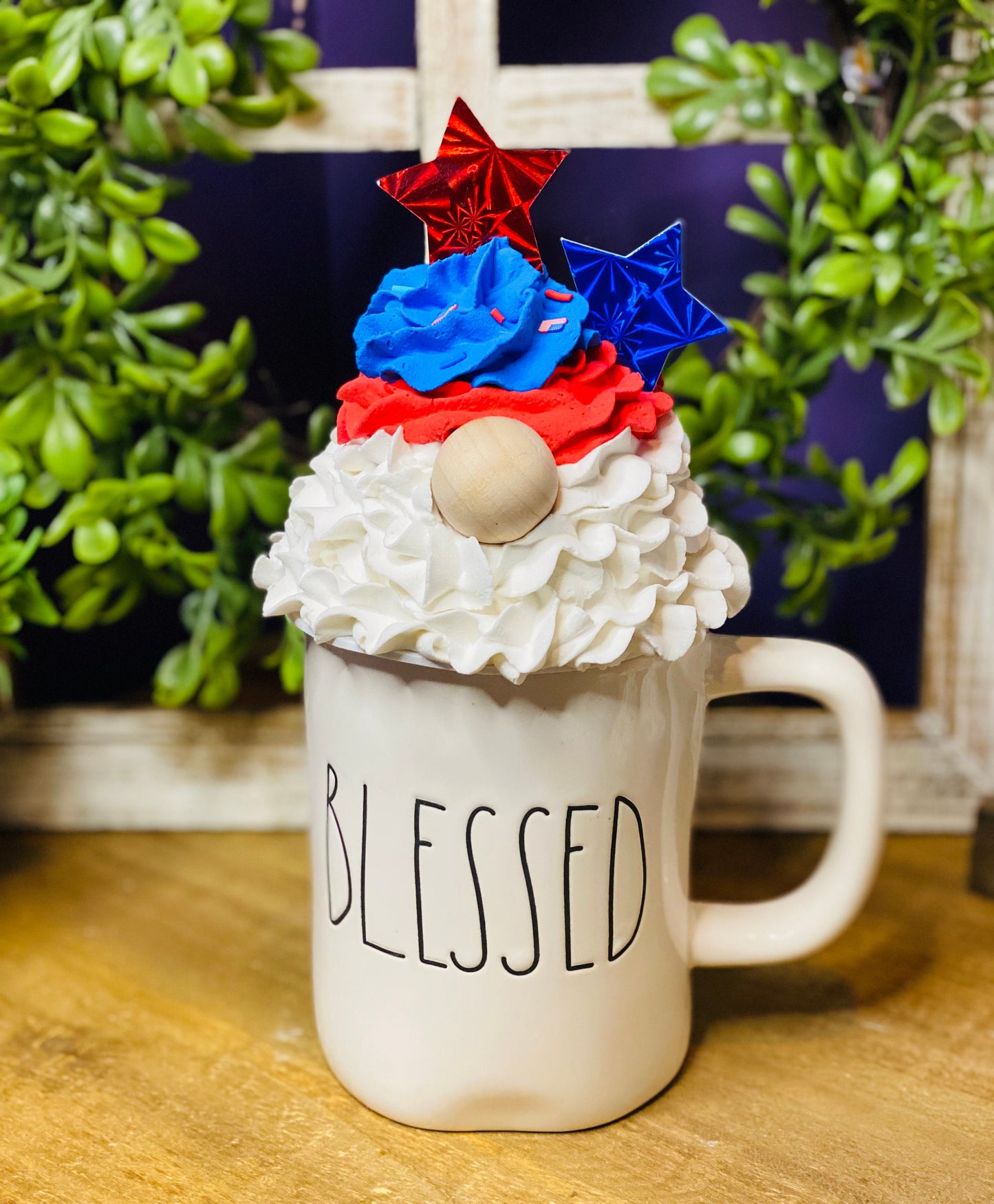Faux red white and blue gnome, faux drink, mug topper, gnome mug topper, Rae Dunn decor, farmhouse decor, tiered tray decor, gift for mom