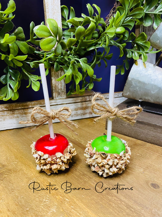 Faux caramel apple, faux tiered tray decor, faux peanut caramel apple, tiered tray decor, home decor