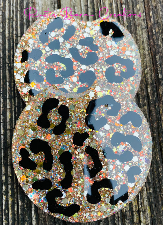 Car coasters, set of 2, leopard car coaster, Christmas gifts, car accessories, car accessory, glitter car coasters