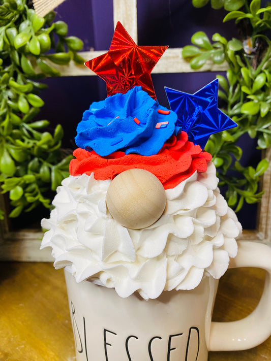 Faux red white and blue gnome, faux drink, mug topper, gnome mug topper, Rae Dunn decor, farmhouse decor, tiered tray decor, gift for mom